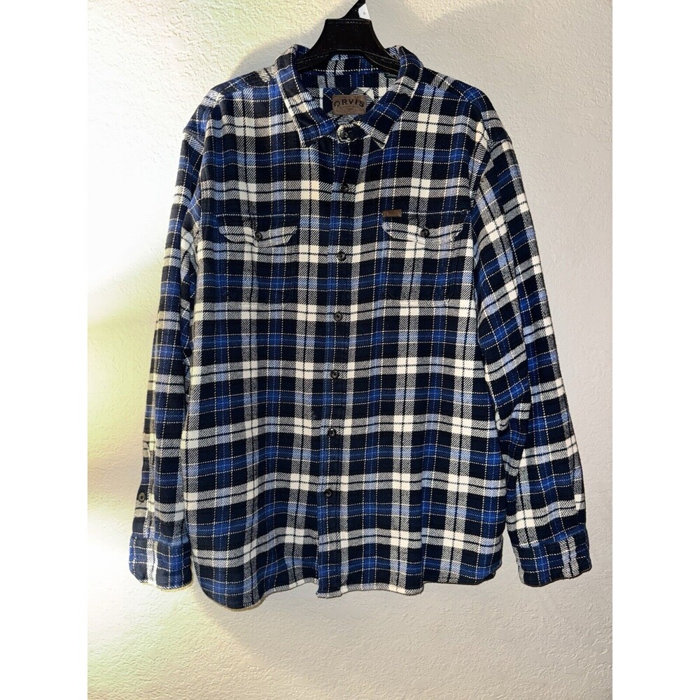 Orvis Flannel Shirt Jacket Mens XXL Plaid Heavyweight Cotton Pockets Black Blue